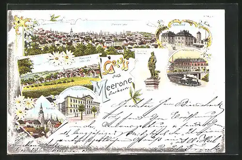 Lithographie Meerane, Webschule mit Dampflok, Schlachthof, Bürgerschule