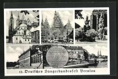 AK Breslau, 12. Deutsches Sängerbundesfest 1937, Dom, Rathaus, Schloss