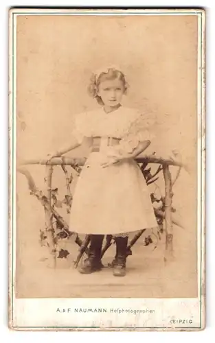 Fotografie A. & F. Naumann, Leipzig, Dorotheenstrasse 6, Niedliches Mädchen mit Haarband, Puppe und Sommerkleid