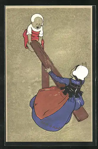 AK Niederländische Frau und Kleinkind auf einer Wippe