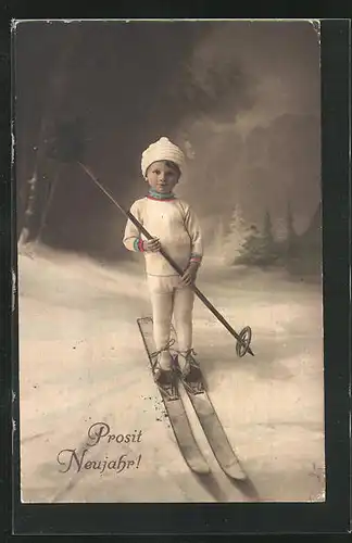 AK Kleiner Junge auf Skiern im Schnee, Neujahrsgruss