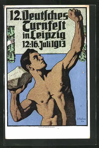 Künstler-AK Leipzig, 12. Deutsches Turnfest 1913, Der Steinstösser