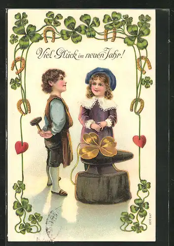 Präge-AK Schmied mit goldenem Kleeblatt, Neujahrsgruss