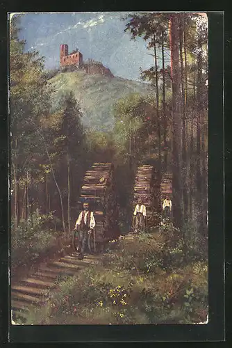 AK Männer transportieren Holz auf Schlitten, Im Hintergrund Spesburg