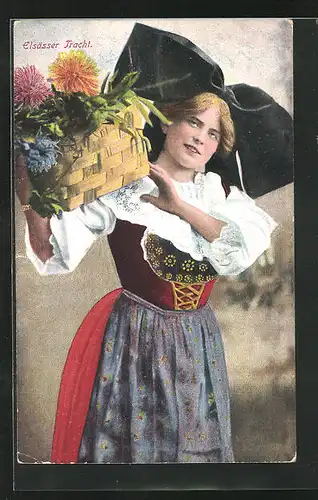 AK Junge Elsässerin in Tracht mit Blumenkorb