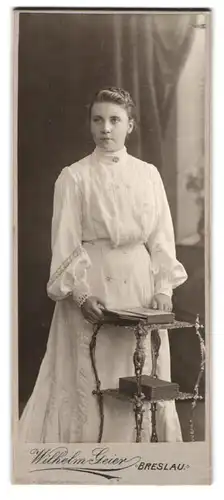 Fotografie Wilhelm Geier, Breslau, Schöne Frau mit geflochtenem Haar und langem Kleid