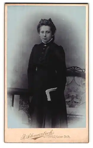Fotografie R. Schwarzbach, Bitterfeld, Kaiserstr. 14, Portrait elegant gekleidetes Fräulein mit Buch in der Hand