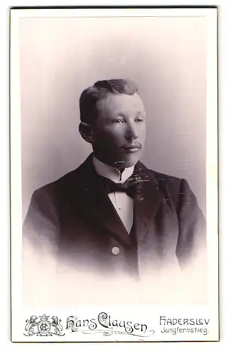 Fotografie Hans Clausen, Haderslev, Jungfernstieg, Portrait charmanter junger Mann in Fliege und Jackett