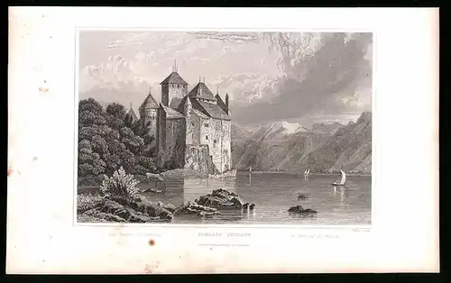 Stahlstich Chillon, Schloss mit Segelbooten, Stahlstich um 1835 von Henry Winkles, 22.5 x 14cm