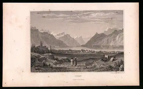 Stahlstich Vevay, Panorama mit Alpen, Stahlstich um 1835 von Henry Winkles, 22.5 x 14cm