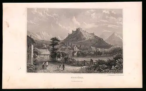 Stahlstich Gruyére, Burg mit Ortsansicht, Stahlstich um 1835 von Henry Winkles, 22.5 x 14cm
