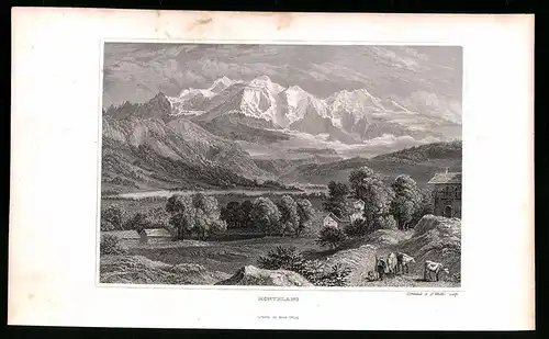 Stahlstich Montblanc, Ortsansicht mit Alpen, Stahlstich um 1835 von Henry Winkles, 22.5 x 14cm