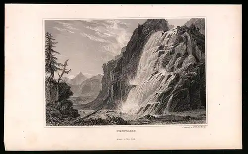 Stahlstich Pissevache, Wasserfall, Stahlstich um 1835 von Henry Winkles, 22.5 x 14cm