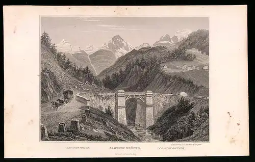 Stahlstich Ganther, Brücke mit Pferdekutsche, Stahlstich um 1835 von Henry Winkles, 22.5 x 14cm