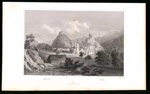 Stahlstich Sion, Burg mit Ortsansicht, Stahlstich um 1835 von Henry Winkles, 22.5 x 14cm