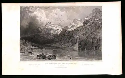 Stahlstich Lugni See, Der Ursprung des Inn, Stahlstich um 1835 von Henry Winkles, 22.5 x 14cm
