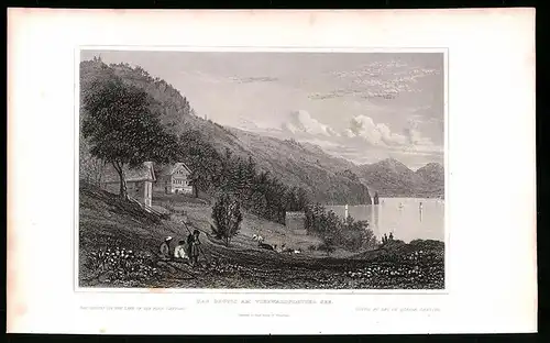 Stahlstich Vierwaldstaetter See, Grütli mit Ziegen, Stahlstich um 1835 von Henry Winkles, 22.5 x 14cm