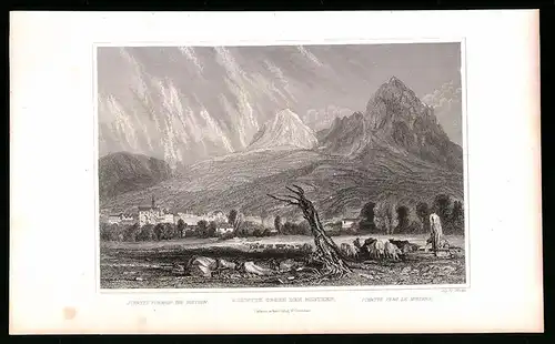 Stahlstich Schwytz, Totalansicht vom Ort mit Miethen, Stahlstich um 1835 von Henry Winkles, 22.5 x 14cm
