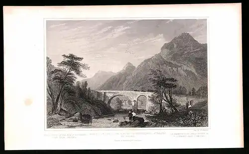 Stahlstich Amstaeg, Brücke der neuen St. Gotthard`s-Strasse, Stahlstich um 1835 von Henry Winkles, 22.5 x 14cm