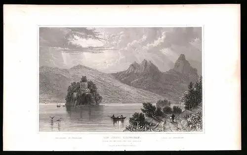Stahlstich Schwanau, Gesamtansicht mit Mythen und den Haagen, Stahlstich um 1835 von Henry Winkles, 22.5 x 14cm