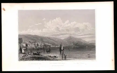 Stahlstich Zug, Rigi mit Ortsansicht und Segelboote, Stahlstich um 1835 von Henry Winkles, 22.5 x 14cm