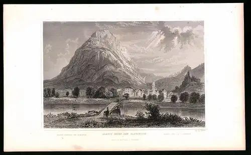 Stahlstich Glarus, Ortsansicht mit Glaernisch, Stahlstich um 1835 von Henry Winkles, 22.5 x 14cm