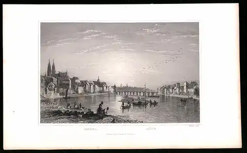 Stahlstich Basel, Brücke mit Ortsansicht und Booten, Stahlstich um 1835 von Henry Winkles, 22.5 x 14cm