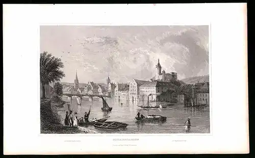 Stahlstich Schaffhausen, Ortsansicht mit Brücke und Boote, Stahlstich um 1835 von Henry Winkles, 22.5 x 14cm
