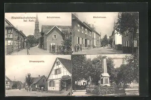 AK Rheinbischofsheim, Schulstrasse, Kirchstrasse, Kriegerdenkmal