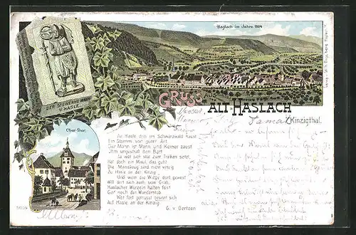 Lithographie Alt-Haslach i. Kinzigthal, Ober-Thor, Ortsansicht