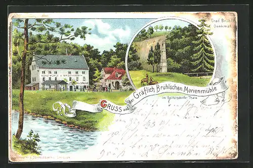 Lithographie Langebrück, Graf Brühl-Denkmal, Kunstmühle