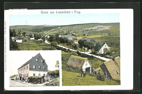 AK Löwenhain i. Erzg., Kolonialwarengeschäft, Ortsansicht