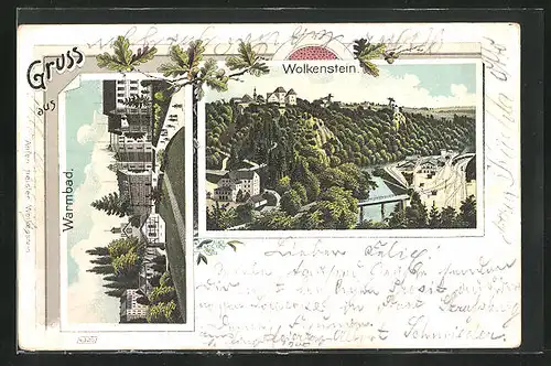 Lithographie Wolkenstein-Warmbad, Bahnhof, Ortsansicht