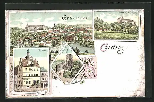 Lithographie Colditz, Rathaus, Ortsansicht