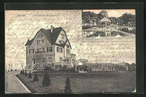 AK Herne, Stadtpark-Restaurant, Teich mit Pavillion im Stadtpark