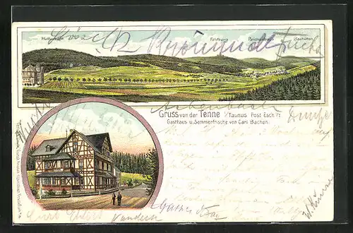 Lithographie Tenne /Taunus, Totalansicht, Gasthaus von Carl Bachon