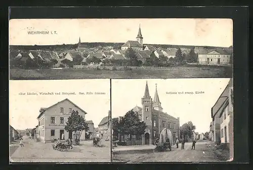 AK Wehrheim i.T., Gesamtansicht, Wirtschaft & Metzgerei zur Linde von Fritz Sommer, Rathaus und evang. Kirche