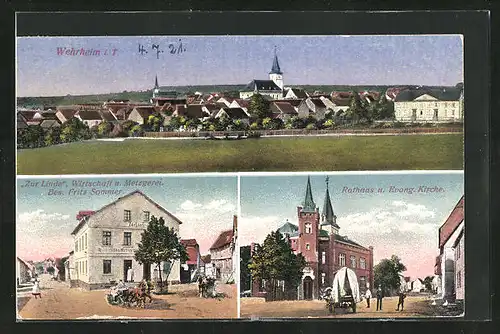 AK Wehrheim i.T., Panorama, Wirtschaft & Metzgerei zur Linde von Fritz Sommer, Rathaus und evang. Kirche