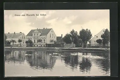 AK Marwitz b. Velten, Flusspartie mit Blick auf den Ort