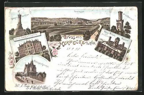 Lithographie Herdecke a.d. Ruhr, Totalansicht, Stein-Denkmal, Rheinischer Bahnhof & Königl. Evang. Lehrerseminar