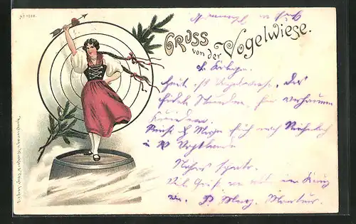 Lithographie Gruss von der Dresdener Vogelwiese, Fräulein mit Pfeil durch Herz