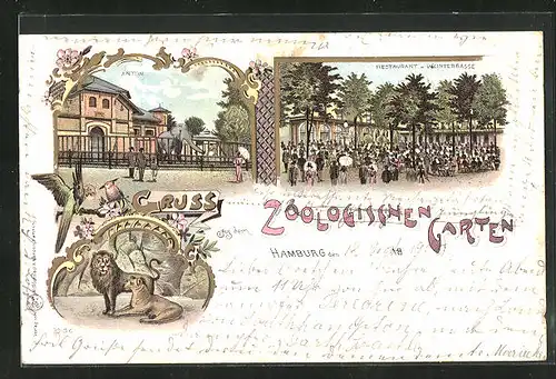 Lithographie Hamburg, Zoologischer Garten, Restaurant, Anton