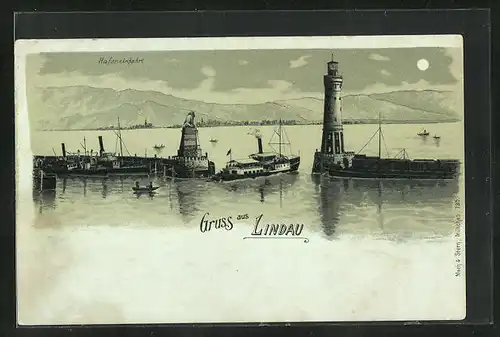 Mondschein-Lithographie Lindau i. B., Hafeneinfahrt