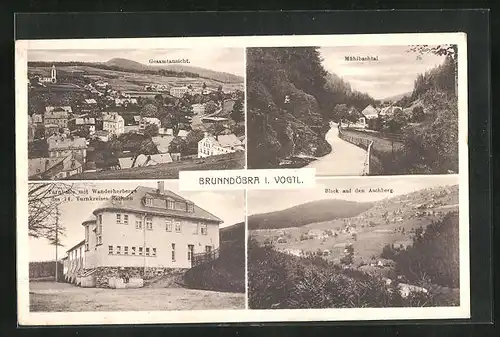 AK Brunndöbra i. V., Ortsansicht, Mühlbachtal, Blick auf den Aschberg