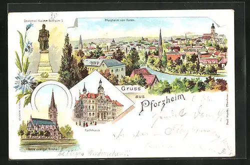 Lithographie Pforzheim, Denkmal Kaiser Wilhelm I., Rathaus