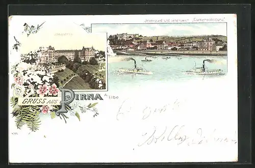 Lithographie Pirna /Elbe, Sonnenstein, Flusspartie, Dampfer