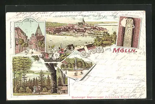 Lithographie Mölln, Krieger-Denkmal, Till Eulenspiegels Grabmal, Marktstrasse