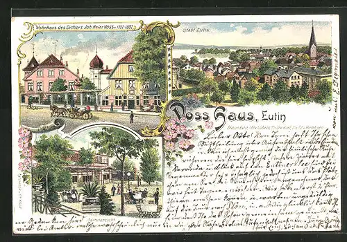 Lithographie Eutin, Hotel Voss Haus Gartenansicht, Wohhaus des Dichters Joh. Heinr. Voss v. 1782-1802, Teilansicht