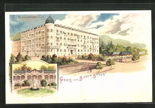 Lithographie Baden-Baden, Hôtel Französischer Hof, Gasthaus Trinkhalle mit Kaier Wilhelm Monument