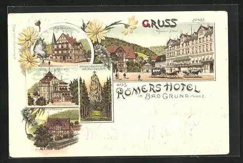 Lithographie Bad Grund i /Harz, Römer`s Hôtel, Villa Römer, Kaiser-Denkmal am Hübichenstein